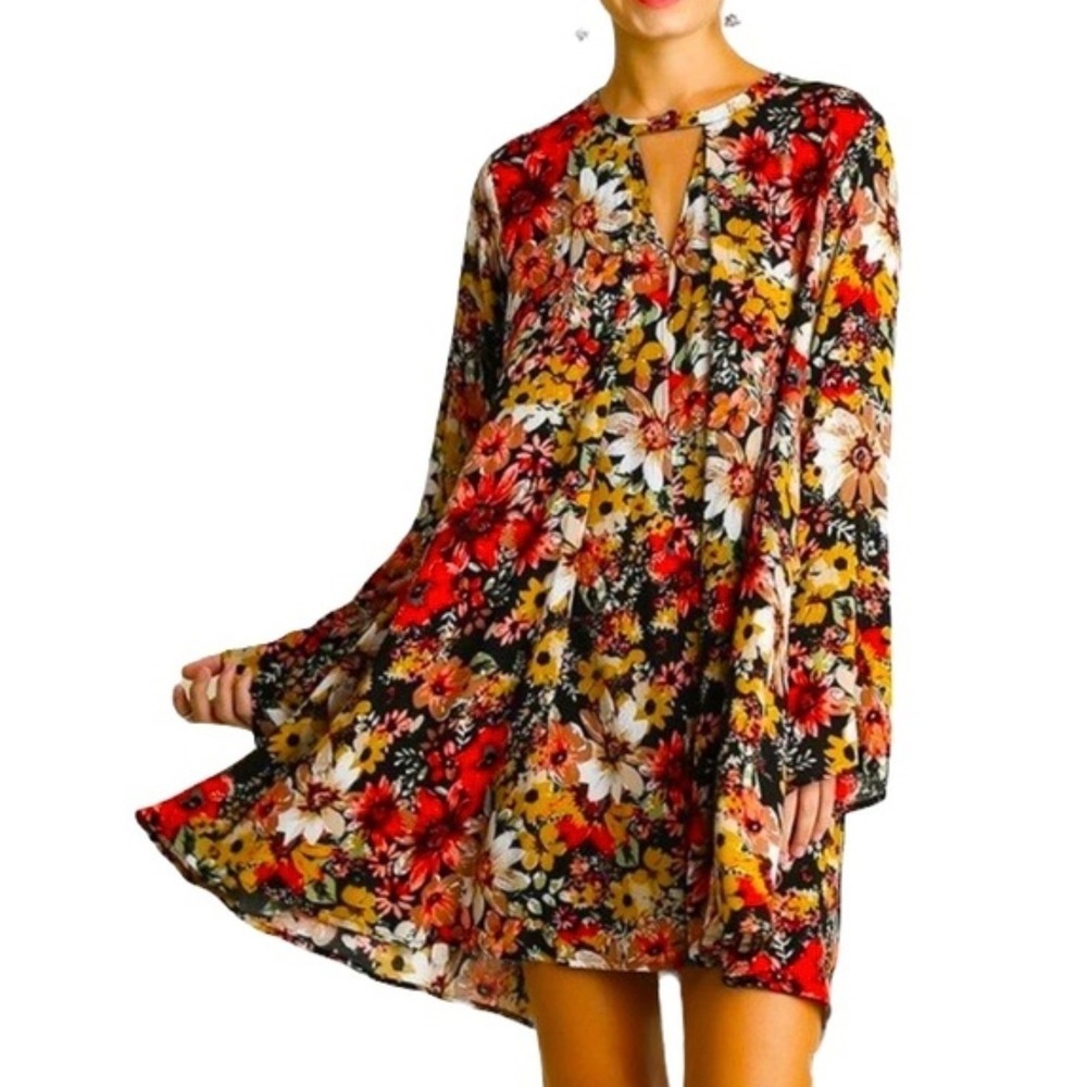 UMGEE Boho Swing Dress Black & Orange Floral Long Bell Sleeves Women's Small